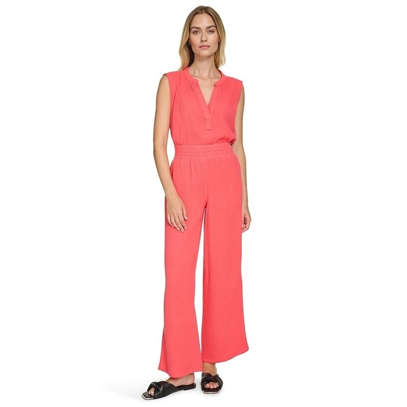 Dkny Pants - NWT DKNY Pull On Gauze Cotton Coral Wide Leg Pants~Pockets~Beach Coral~XL